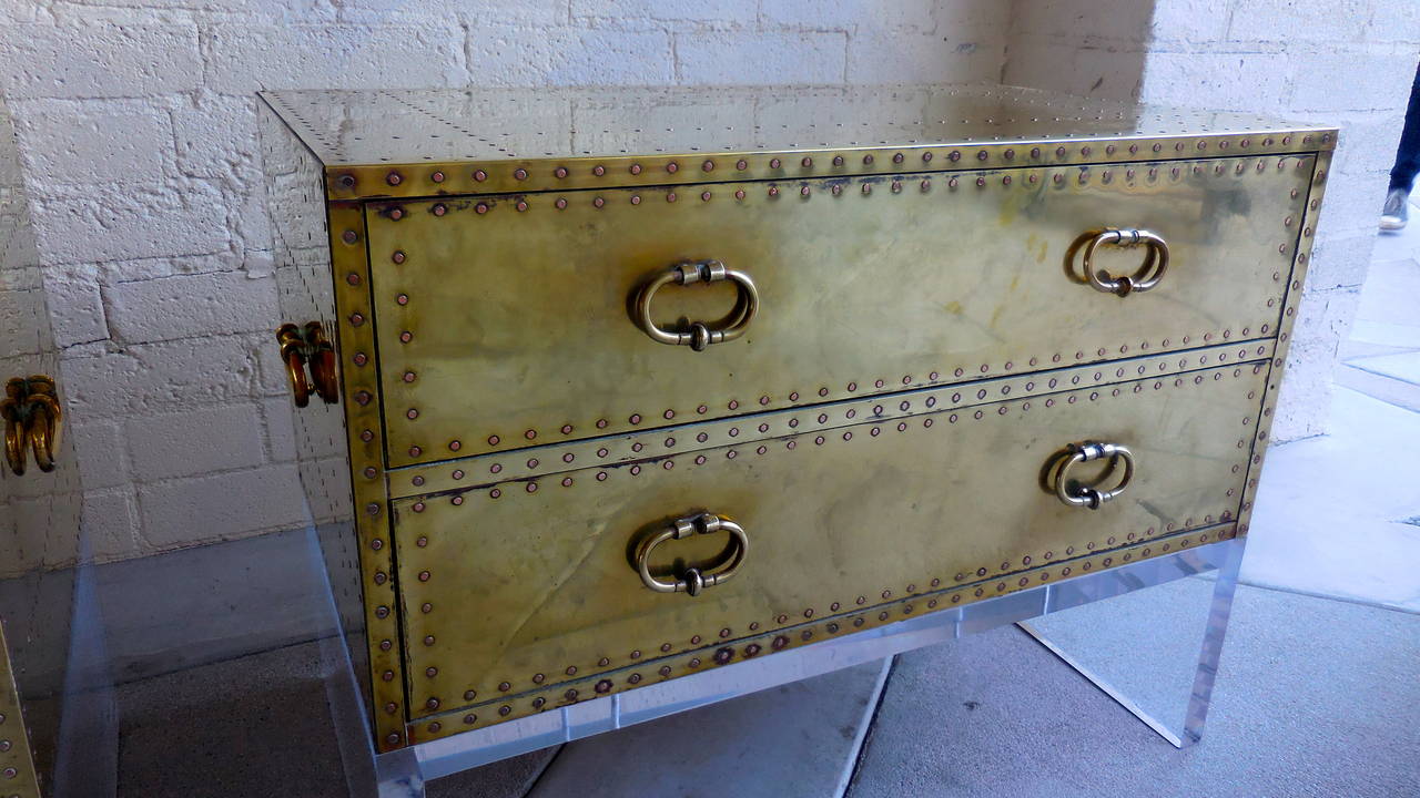 Mid-20th Century Sensational Pair of Two-Drawer Brass-Clad Chests by Sarreid, circa 1970s