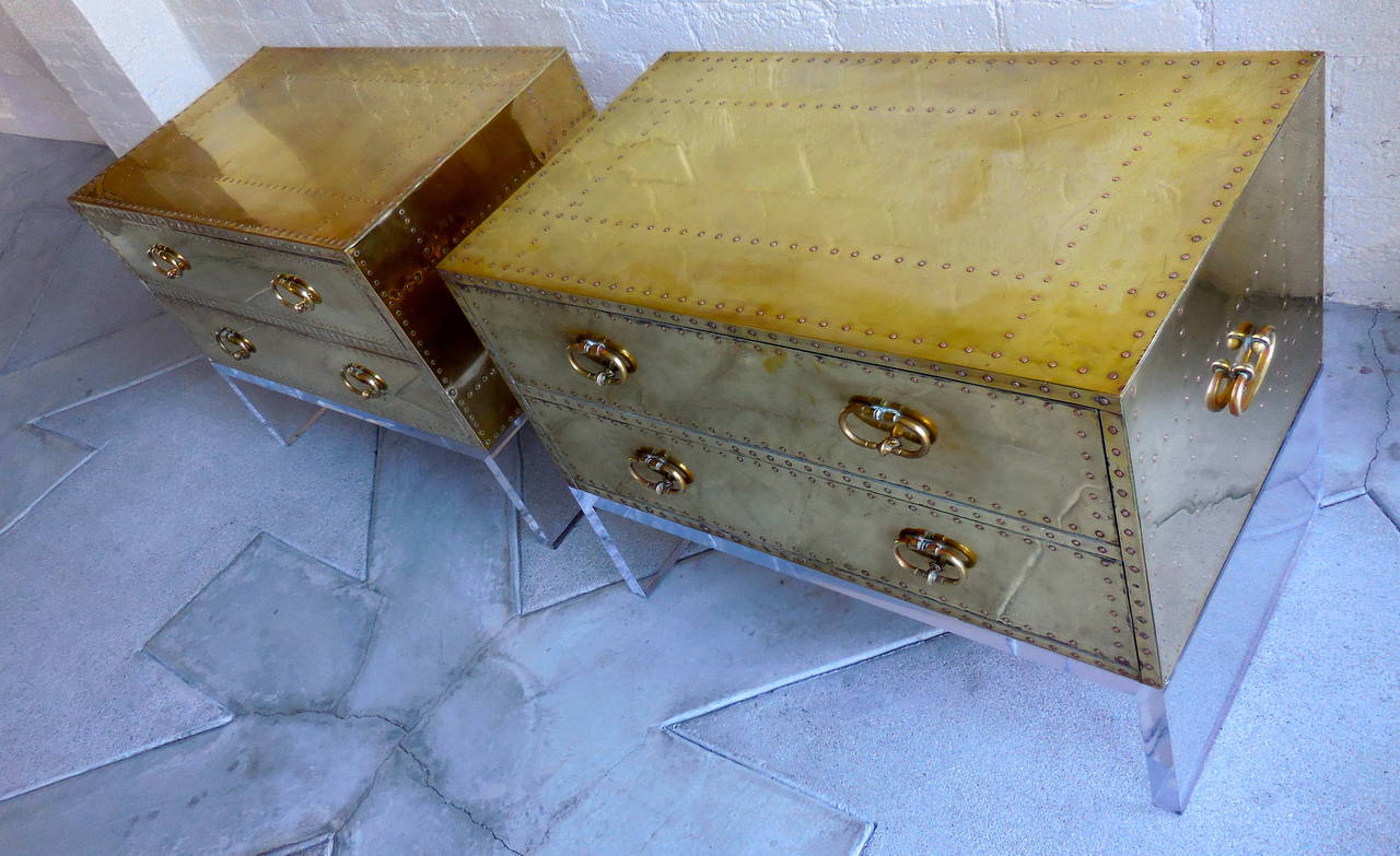 Sensational Pair of Two-Drawer Brass-Clad Chests by Sarreid, circa 1970s 1