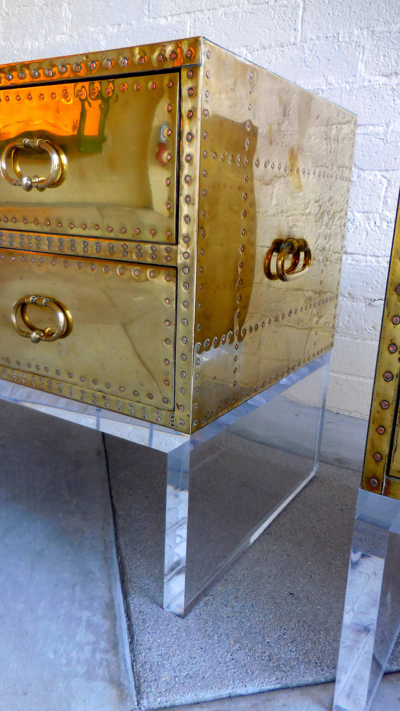 Sensational Pair of Two-Drawer Brass-Clad Chests by Sarreid, circa 1970s 2