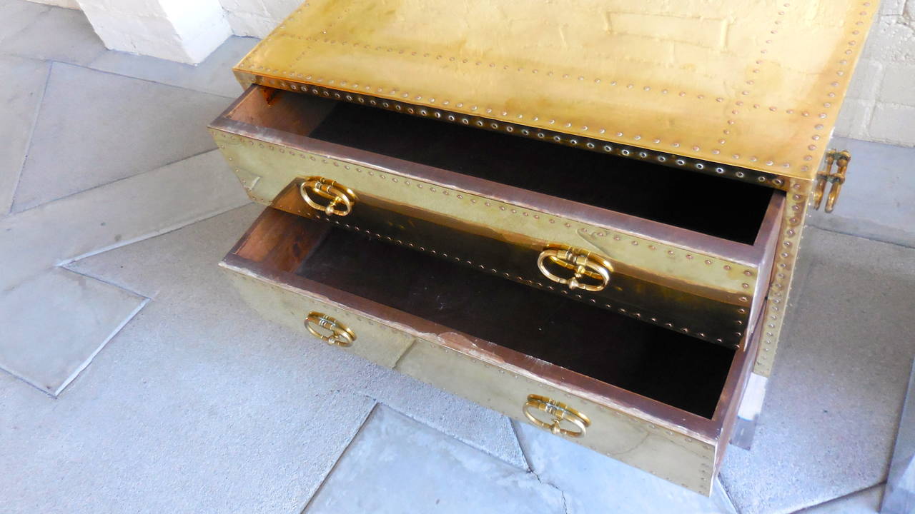 Sensational Pair of Two-Drawer Brass-Clad Chests by Sarreid, circa 1970s 3