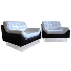 Pair of Black and White Leather Club Chairs on Custom Acrylic Bases, circa 1970s