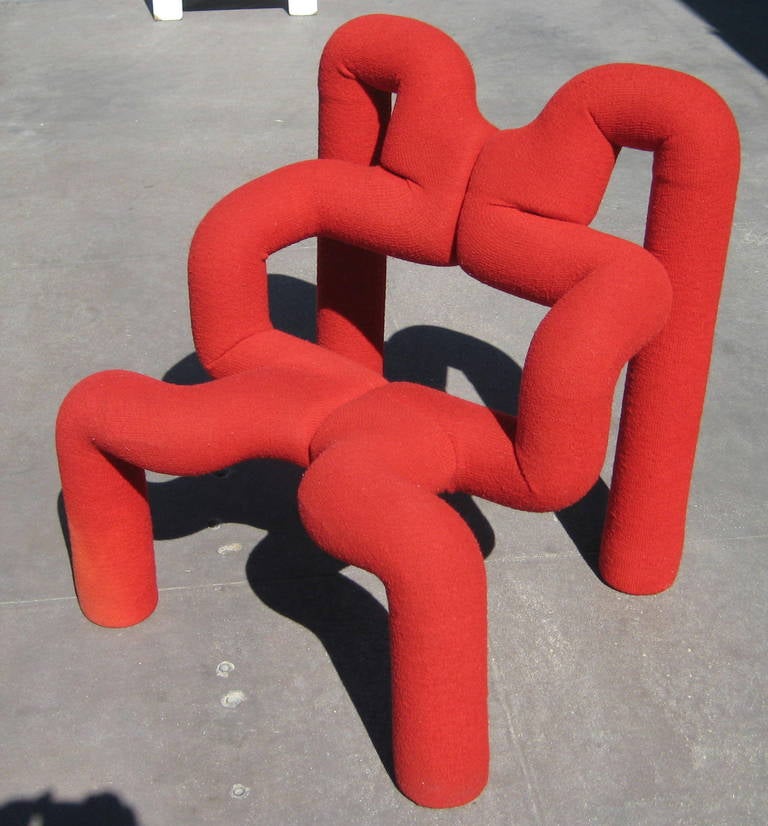 A vintage Ekstrem chair designed by Terje Ekstrom in 1972 and made commercially available in the 1980's.A wonderfully sculptural chair, this whimsical piece is actually quite comfortable. Covered in a red knit jersey.