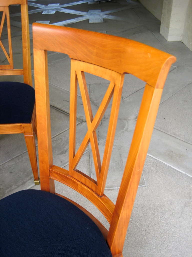 Mid-20th Century Six 1940s, French Neoclassical Cherrywood Dining Chairs with Brass Sabot For Sale