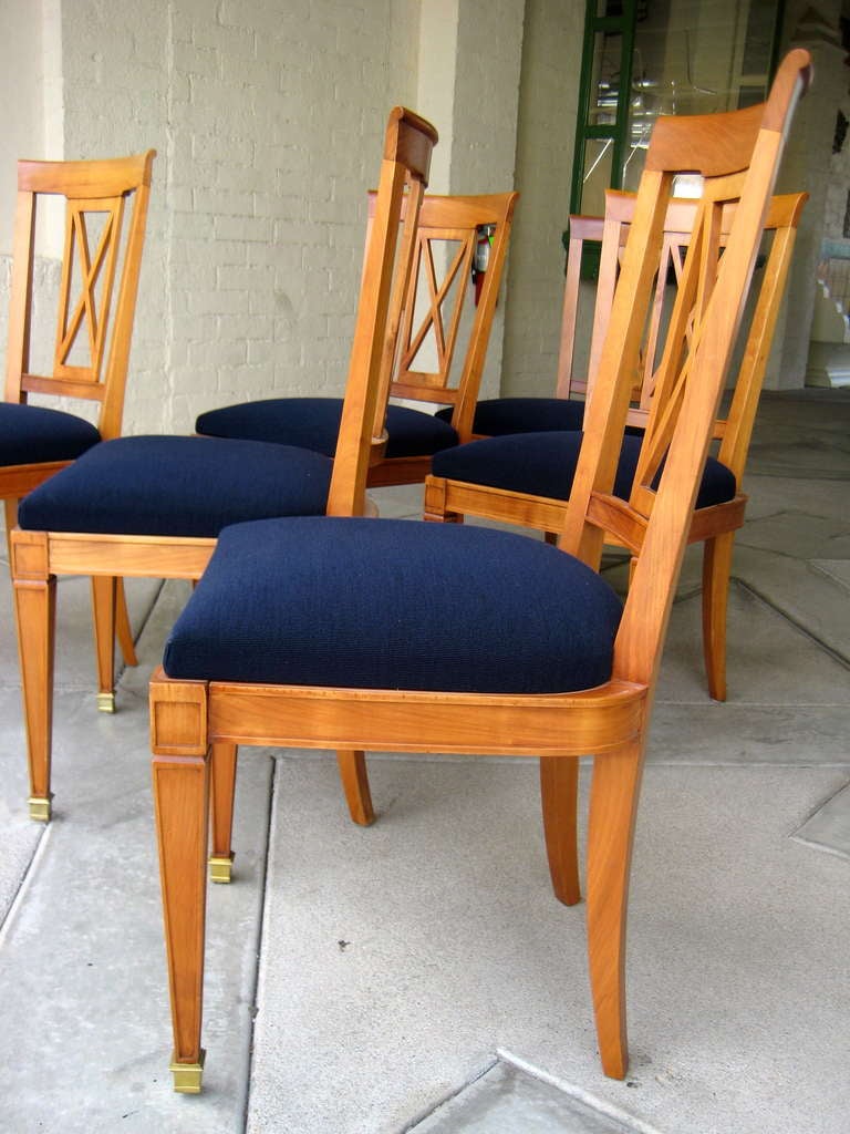 Six 1940s, French Neoclassical Cherrywood Dining Chairs with Brass Sabot For Sale 3