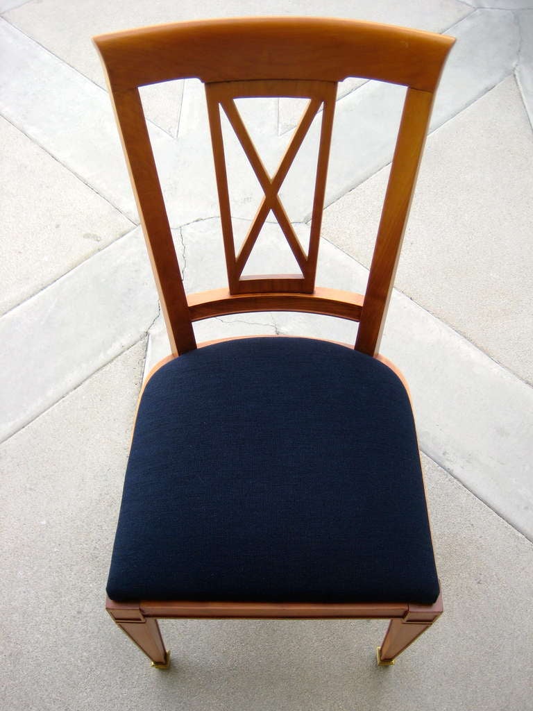 Six 1940s, French Neoclassical Cherrywood Dining Chairs with Brass Sabot For Sale 4