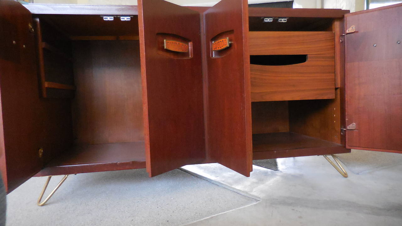 Mid-20th Century Dynamic Pair of Solid Mahogany Low Cabinets with Enameled Hardware, circa 1950s