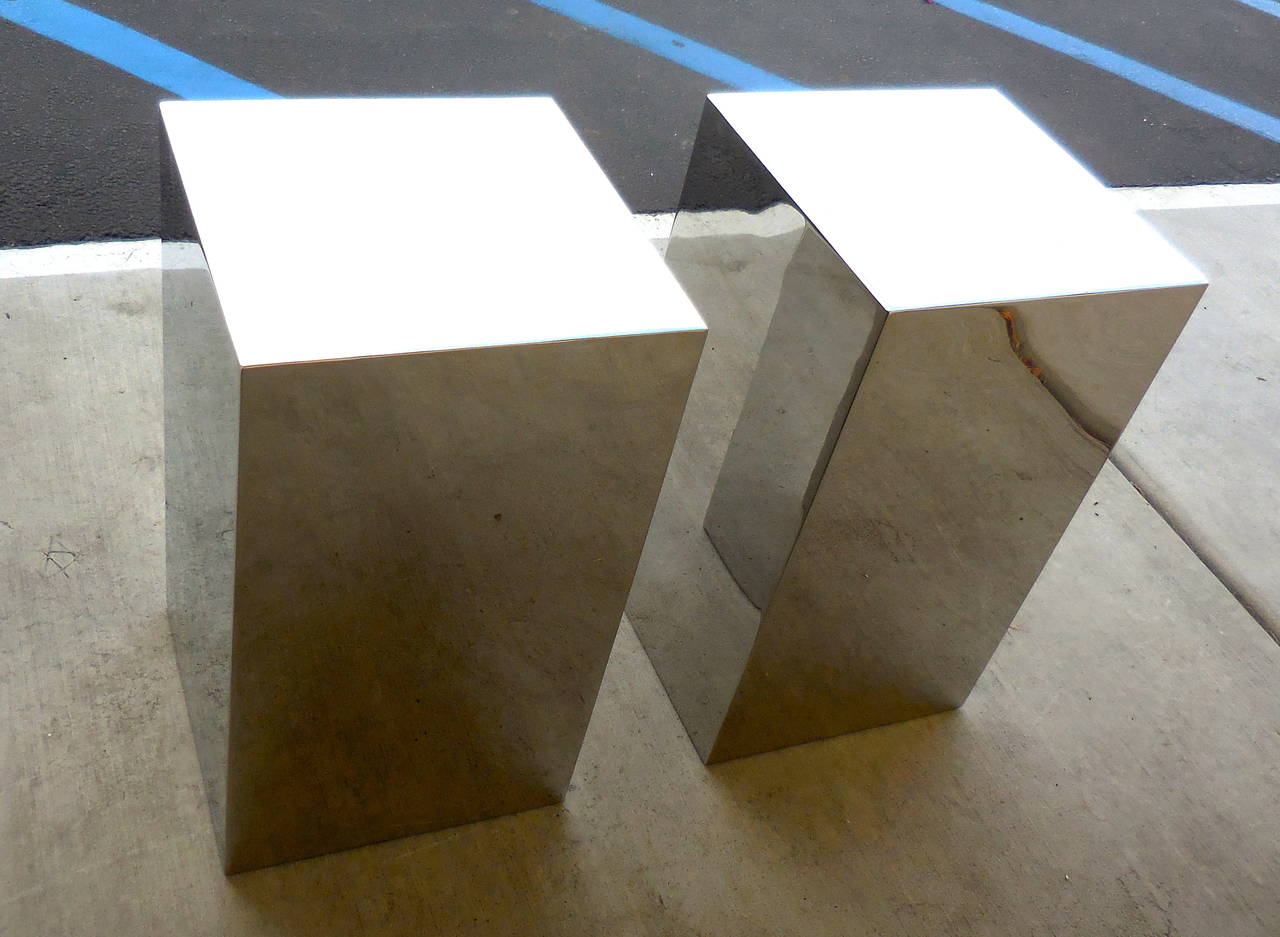 American Sleek Pair of Mirror Polished 1970s Stainless Steel Occasional Tables