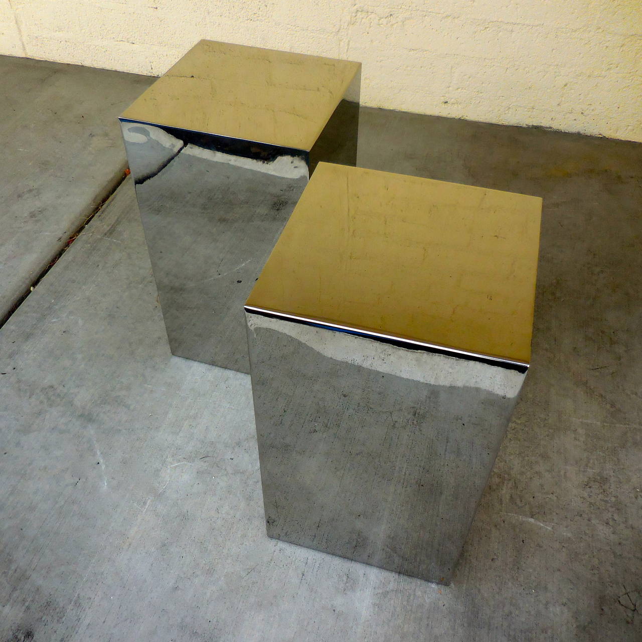 Sleek Pair of Mirror Polished 1970s Stainless Steel Occasional Tables 2
