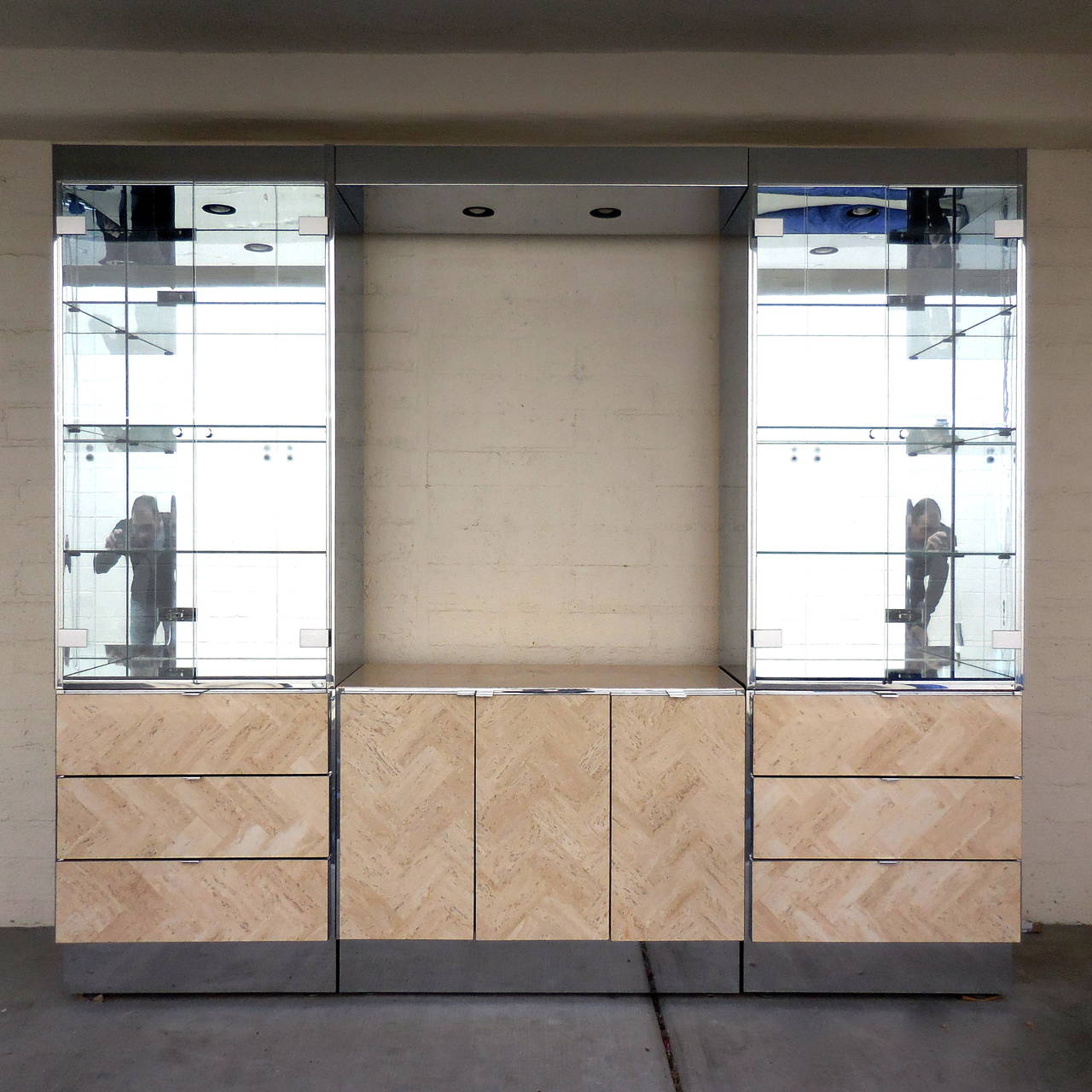 Chrome-Plated Steel and Travertine Wall Unit by Ello, circa 1970s