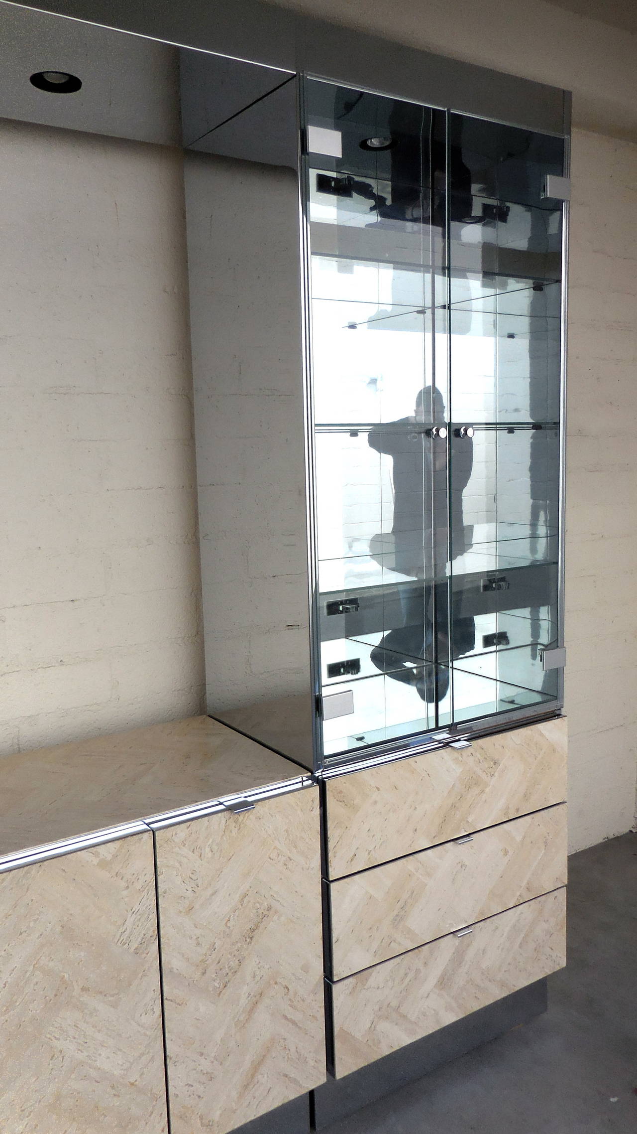 Chrome-Plated Steel and Travertine Wall Unit by Ello, circa 1970s In Excellent Condition In Palm Springs, CA