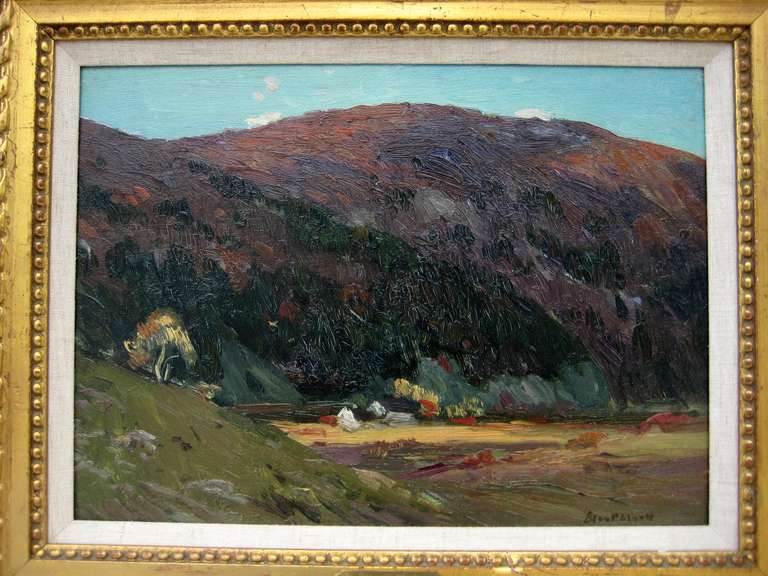 An oil on panel landscape scene of a 'hollow' in Virginia by American artist Eliot Candee Clark (1883 - 1980).  Painted in a quick, Impressionist style, the painting exhibits short, jabbing brush strokes with some light impasto.  The panel itself