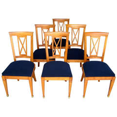 Six 1940s, French Neoclassical Cherrywood Dining Chairs with Brass Sabot