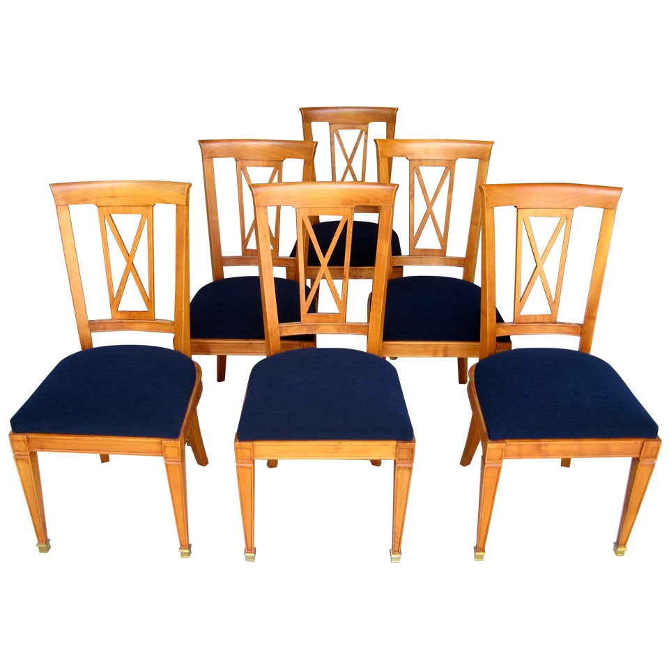 Six 1940s, French Neoclassical Cherrywood Dining Chairs with Brass Sabot For Sale