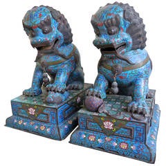 Antique Stately Pair of Mid-19th Century Chinese Cloisonné Temple Dogs
