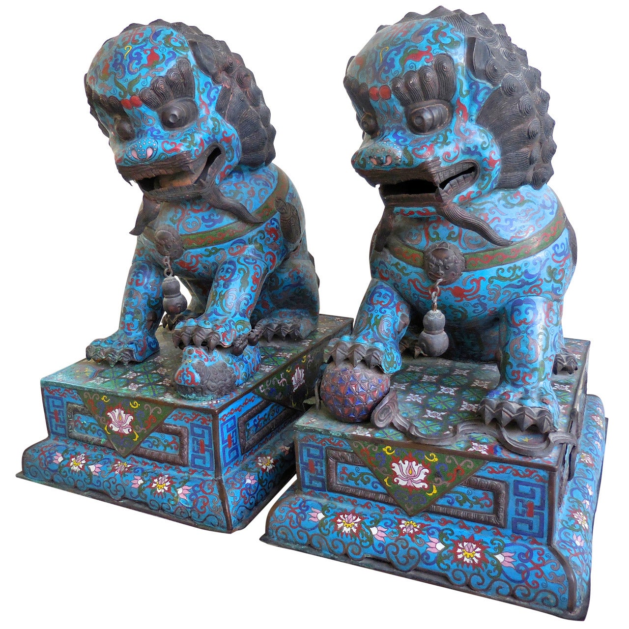 Stately Pair of Mid-19th Century Chinese Cloisonné Temple Dogs