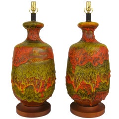 A volcanic pair of 1950's European Fat Lava glazed lamps