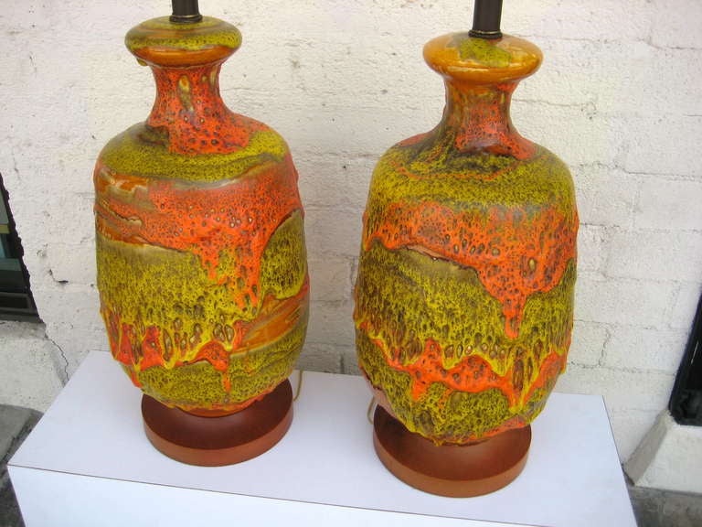 Mid-Century Modern A volcanic pair of 1950's European Fat Lava glazed lamps