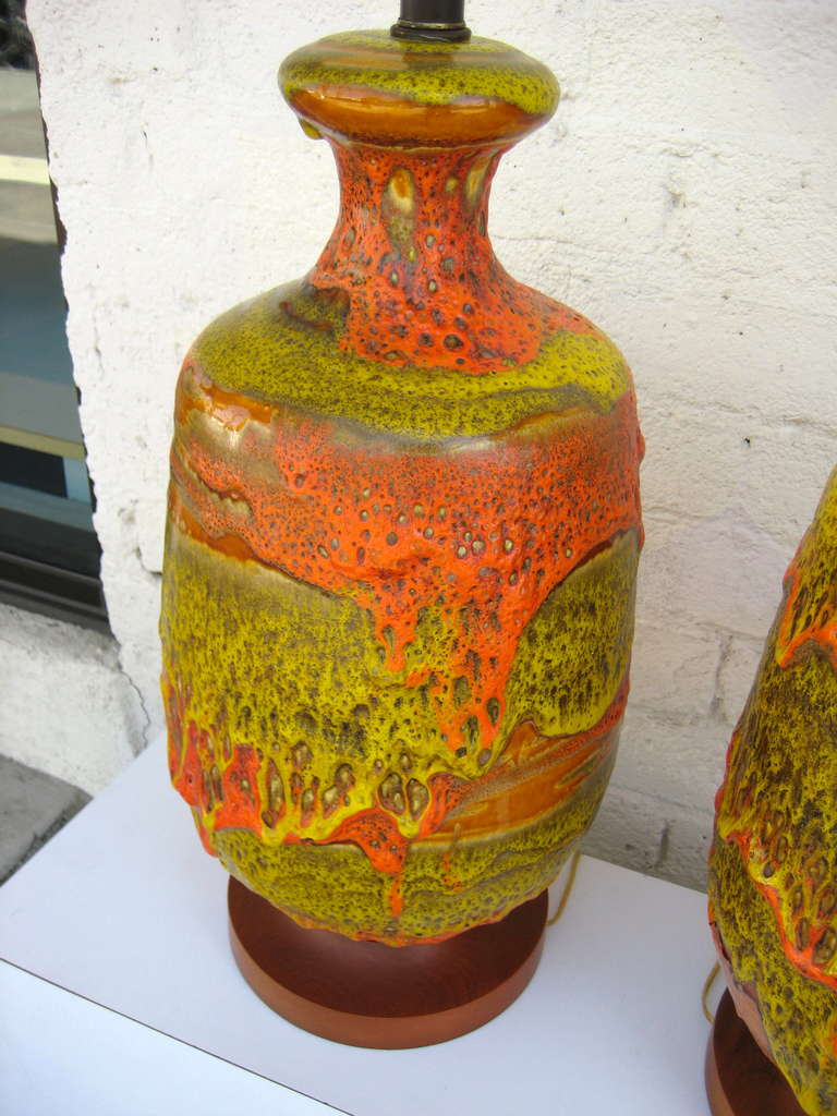 A volcanic pair of 1950's European Fat Lava glazed lamps In Excellent Condition In Palm Springs, CA