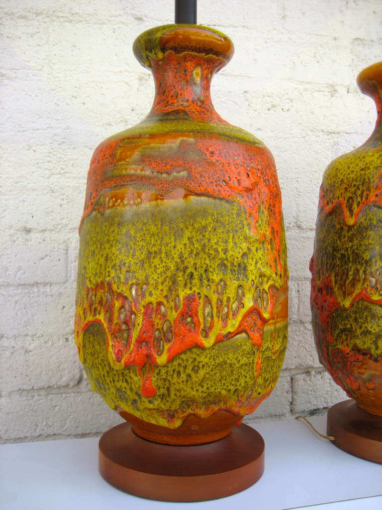Mid-20th Century A volcanic pair of 1950's European Fat Lava glazed lamps