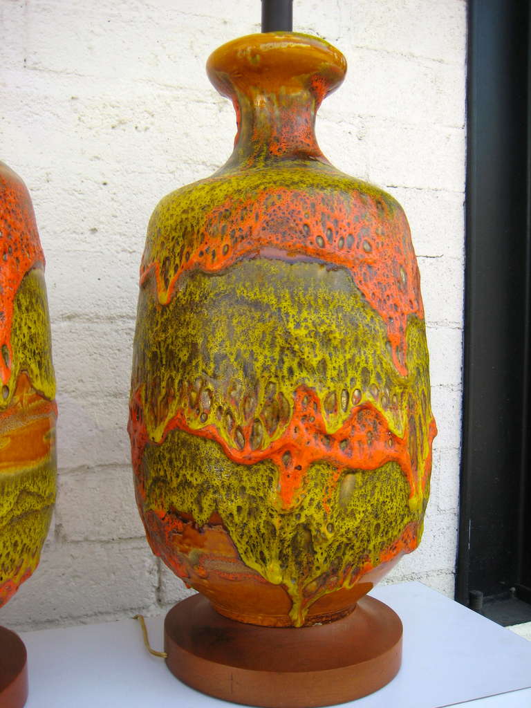 A volcanic pair of 1950's European Fat Lava glazed lamps 1