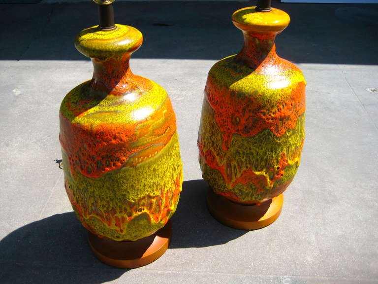 A volcanic pair of 1950's European Fat Lava glazed lamps 3