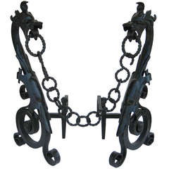 Fabulous Pair of French 1920s Neo-Gothic Wrought Iron Andirons