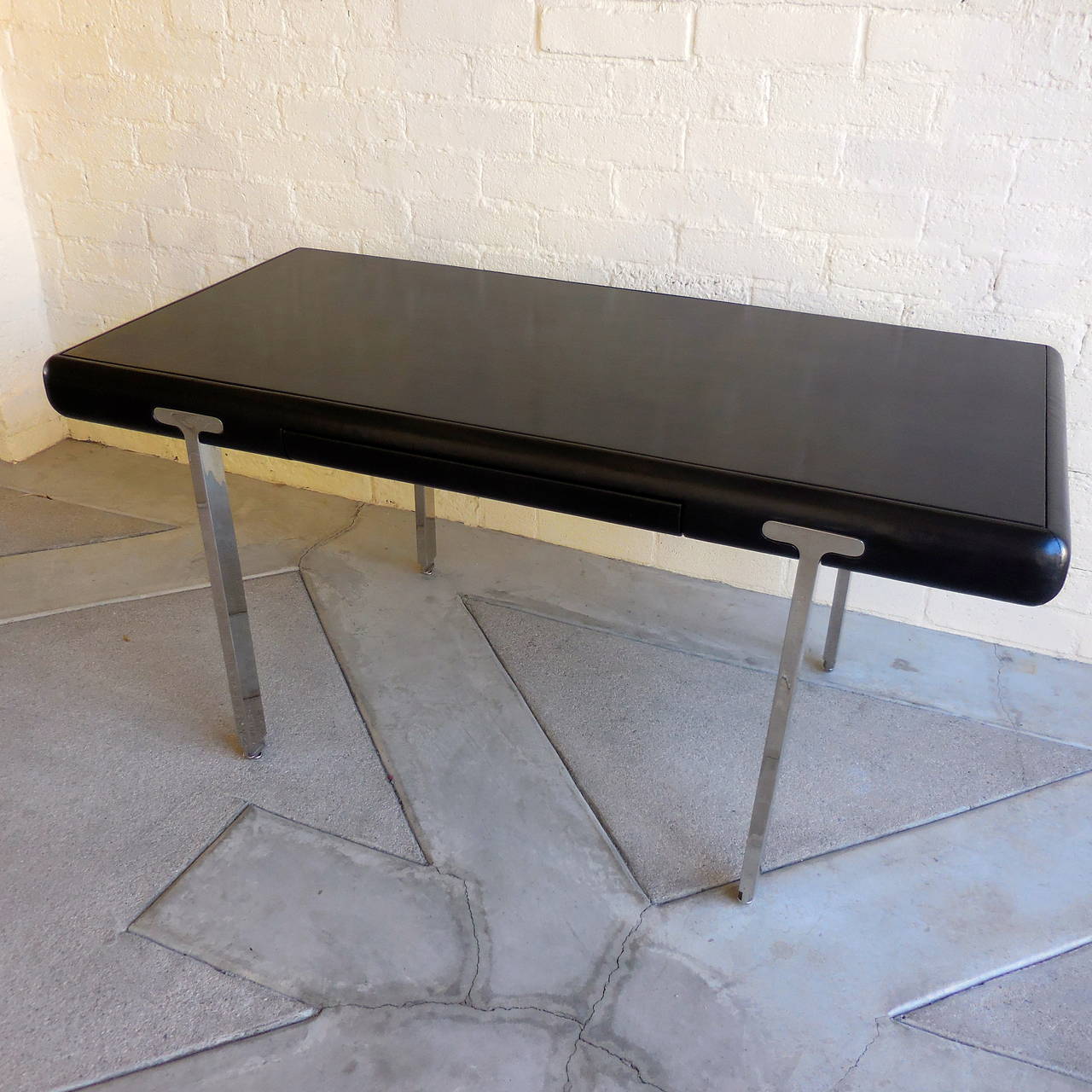Plated Handsome Black Leather Topped Chrome Leg Writing Table, circa 1970s