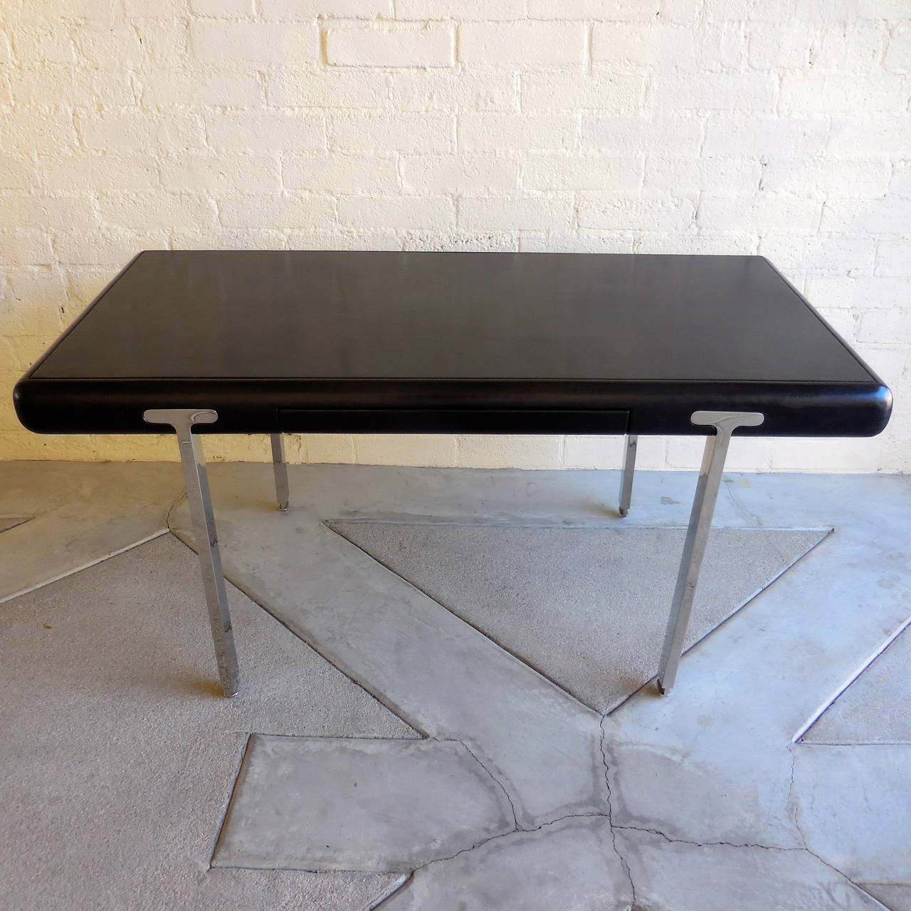 Late 20th Century Handsome Black Leather Topped Chrome Leg Writing Table, circa 1970s
