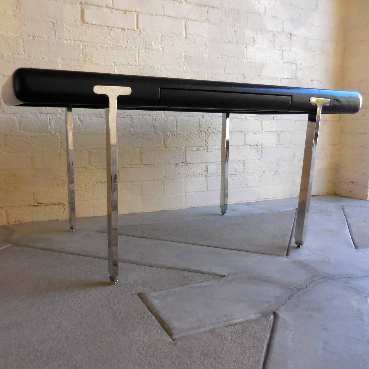Handsome Black Leather Topped Chrome Leg Writing Table, circa 1970s In Good Condition In Palm Springs, CA