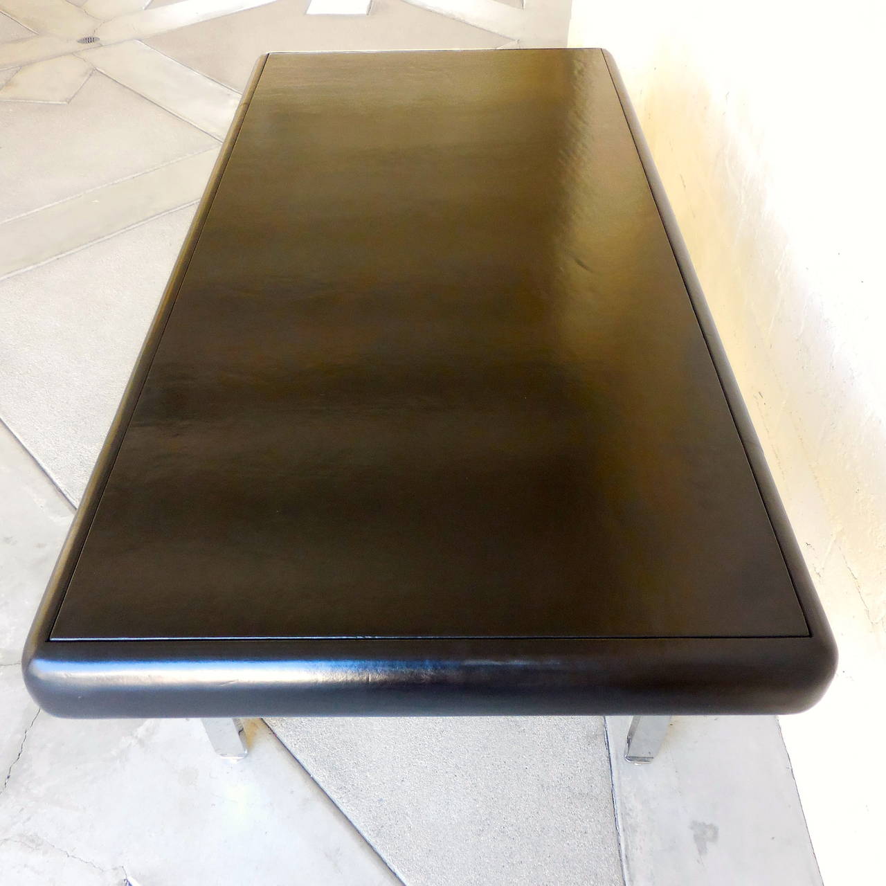 Handsome Black Leather Topped Chrome Leg Writing Table, circa 1970s 1