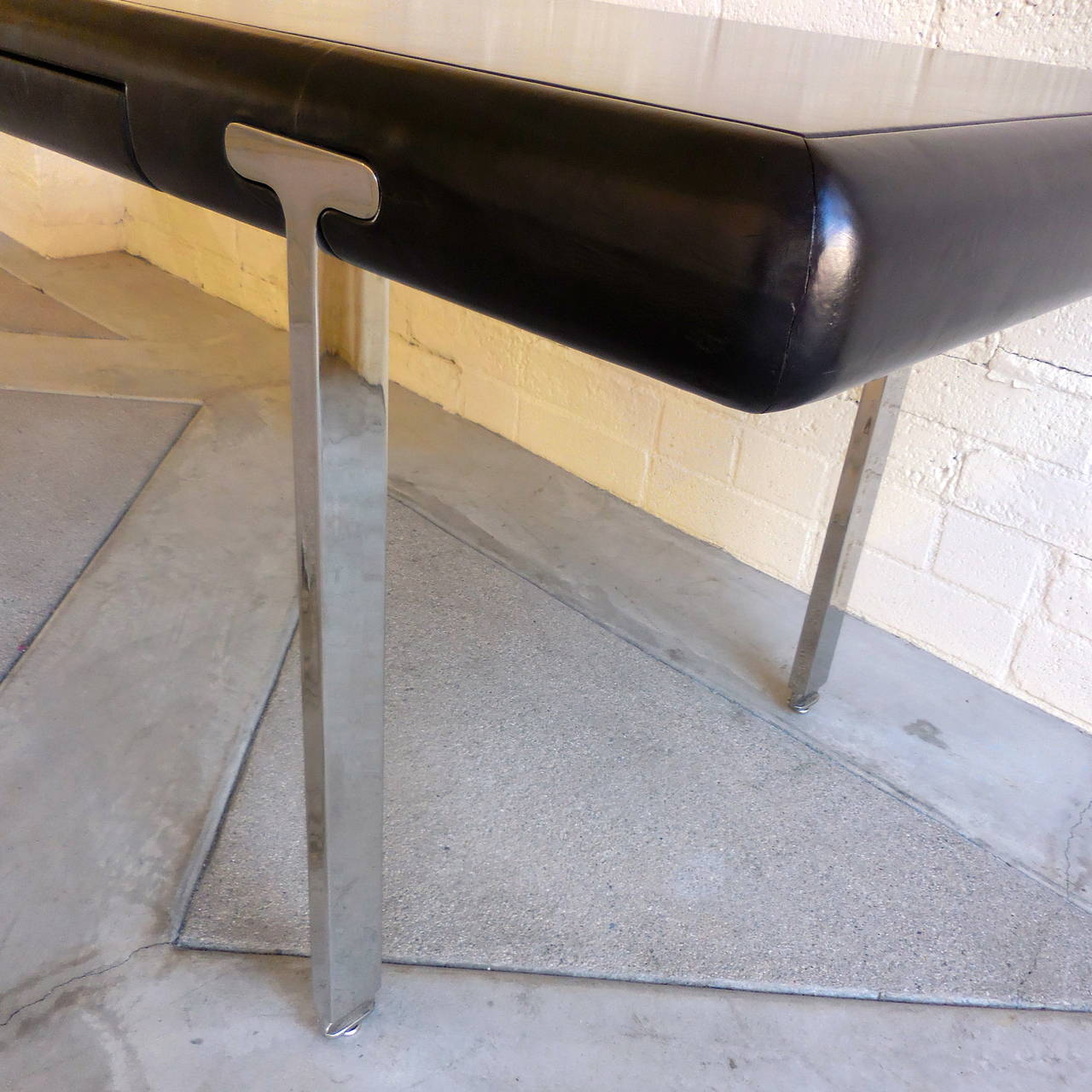 Handsome Black Leather Topped Chrome Leg Writing Table, circa 1970s 3