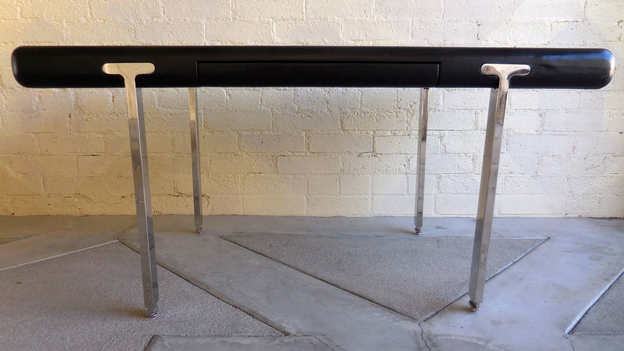 American Handsome Black Leather Topped Chrome Leg Writing Table, circa 1970s