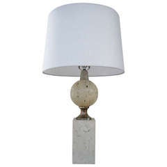 A French Travertine And Nickel Plated Metal Table Lamp By Maison Barbier. C. 1960's.