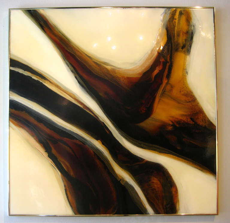 An original abstract expressionist resin painting by Nicholas Mirandon signed and dated 1973. Nicholas Mirandon has spent the past 40 years painting with resins, a medium that is extremely difficult to master. Mirandon developed his own unique