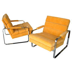 Pair of Rounded Polished Steel Flat Bar Frame Lounge Chairs Attributable to Milo Baughman, Circa 1970's