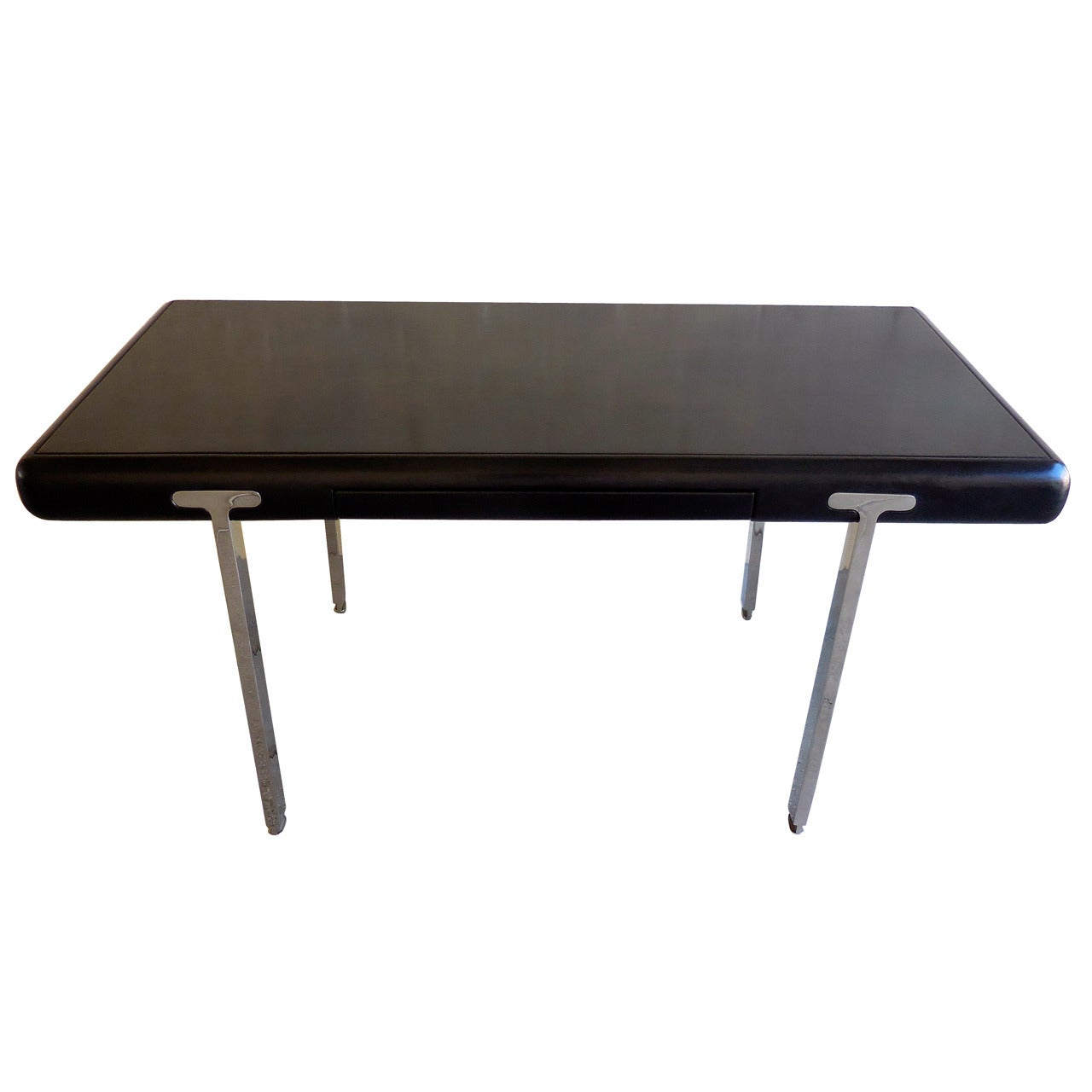 Handsome Black Leather Topped Chrome Leg Writing Table, circa 1970s