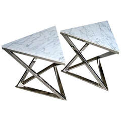 A pair of nickel plated steel triangular side tables with Carrara marble tops.  C. 1970's