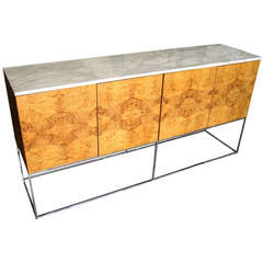 A 1970's burled bookmatched olive wood sideboard with Carrara marble top by Milo Baughman for Thayer Coggin