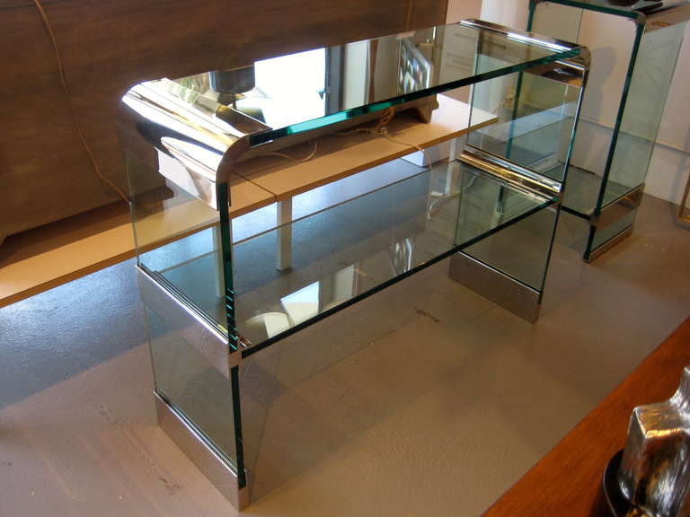 A Nickel Plated Metal And Glass Two Tier Console From The Pace Collection.  C. 1970's