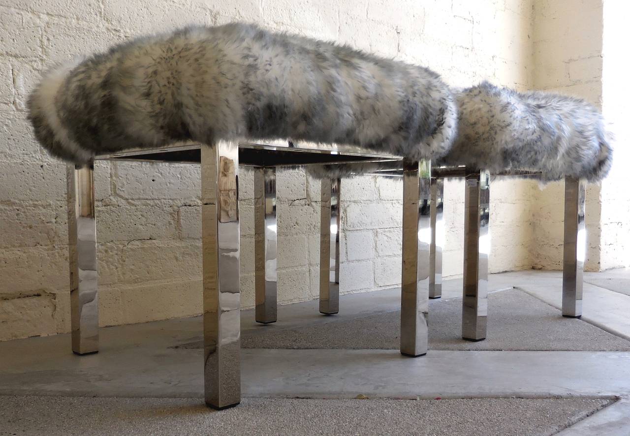 Mid-Century Modern Tipped Sheepskin Upholstered Vintage 1970s Benches