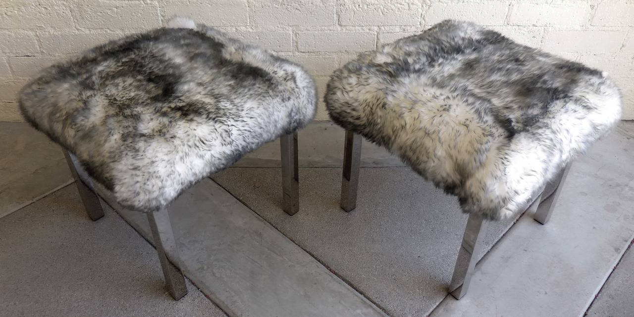 Tipped Sheepskin Upholstered Vintage 1970s Benches In Excellent Condition In Palm Springs, CA