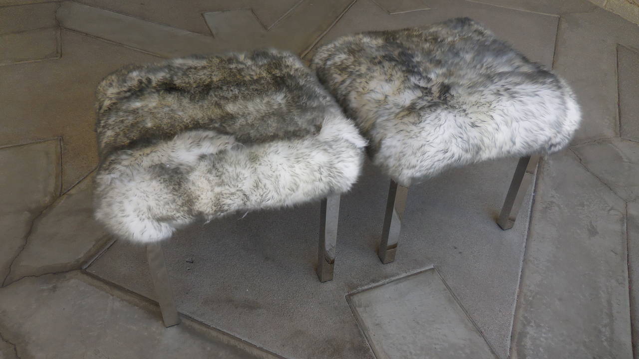 Tipped Sheepskin Upholstered Vintage 1970s Benches 2
