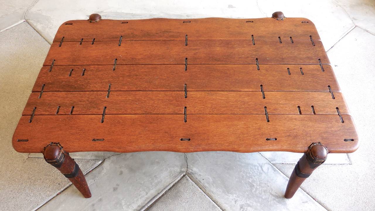 Mid-Century Modern Intriguing Palm Wood and Leather Vintage Coffee Table