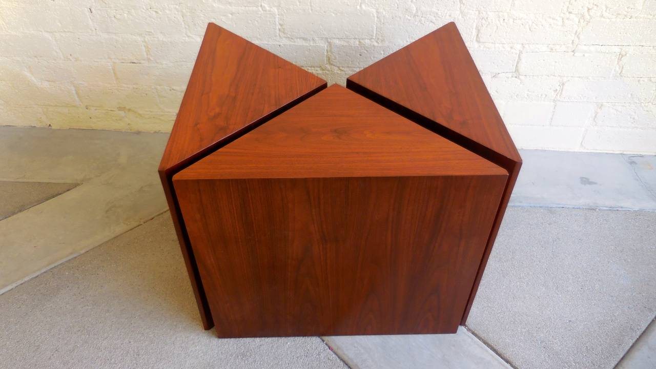 Geometric Set of 3 Walnut Veneered Triangular Occasional Tables  C. 1960s 1