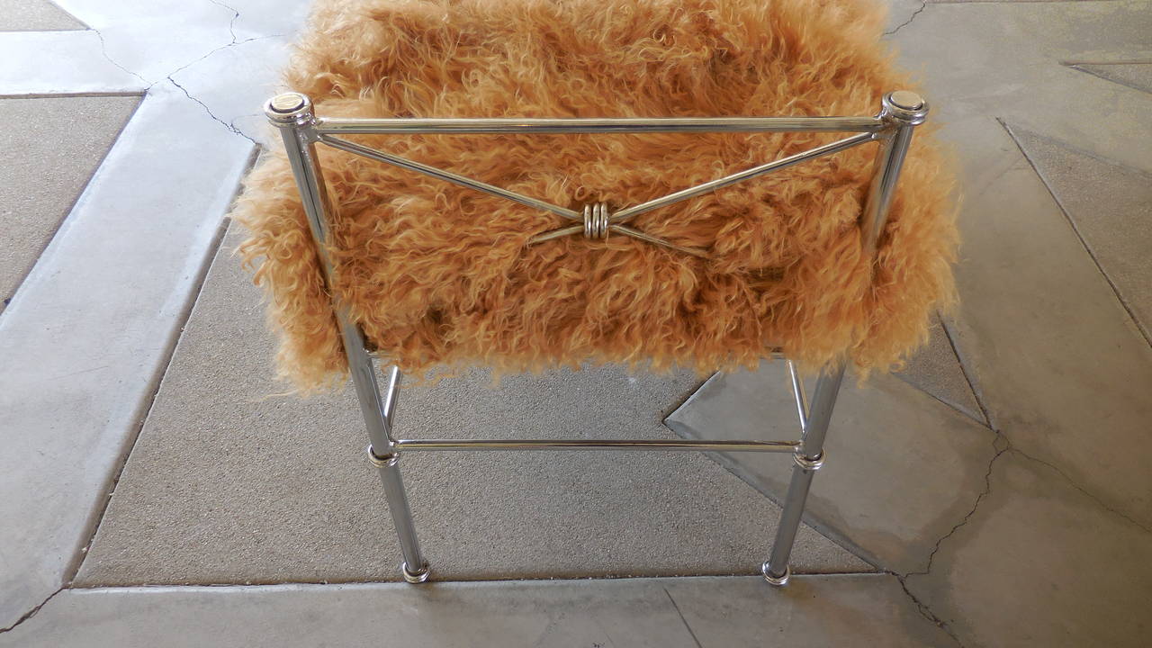 Steel Decadent Tibetan Wool Upholstered Hollywood Regency Bench, circa 1970s