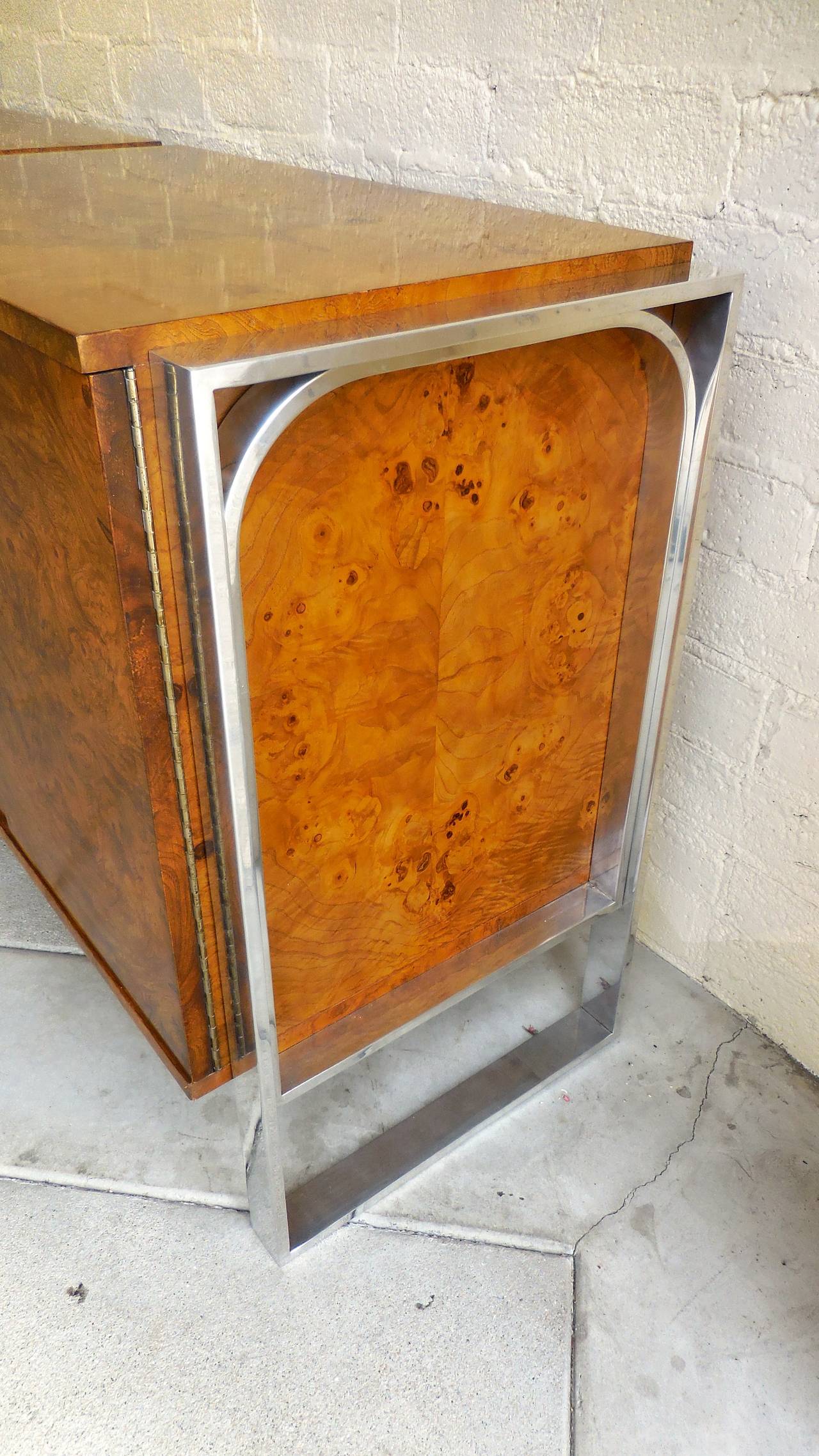 Plated Sensational Burled Walnut and Chromed Steel Credenza by Milo Baughman