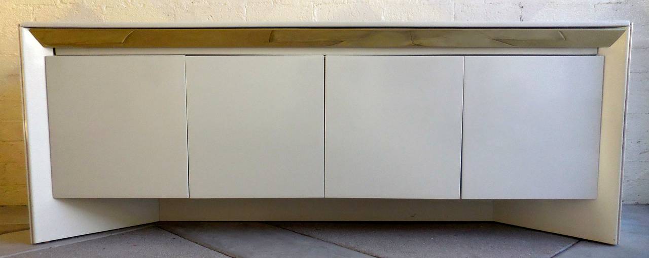 Mid-Century Modern Ivory White Lacquered and Brass Trimmed Sideboard by Roger Rougier, circa 1970s
