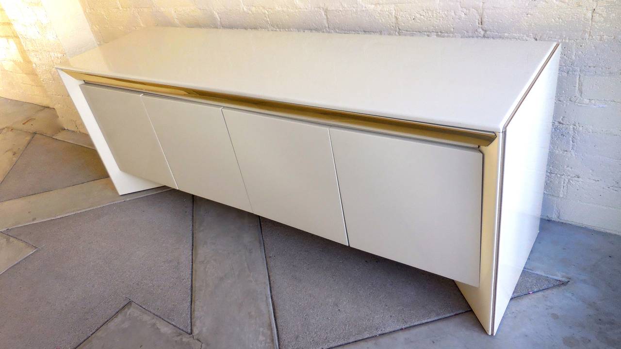 American Ivory White Lacquered and Brass Trimmed Sideboard by Roger Rougier, circa 1970s