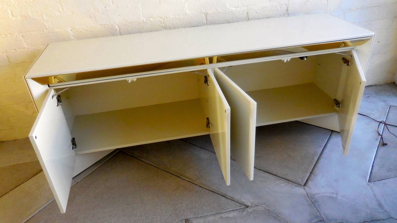 Ivory White Lacquered and Brass Trimmed Sideboard by Roger Rougier, circa 1970s In Excellent Condition In Palm Springs, CA