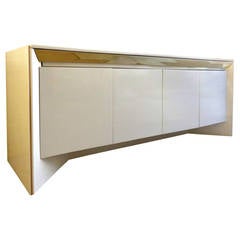Ivory White Lacquered and Brass Trimmed Sideboard by Roger Rougier, circa 1970s